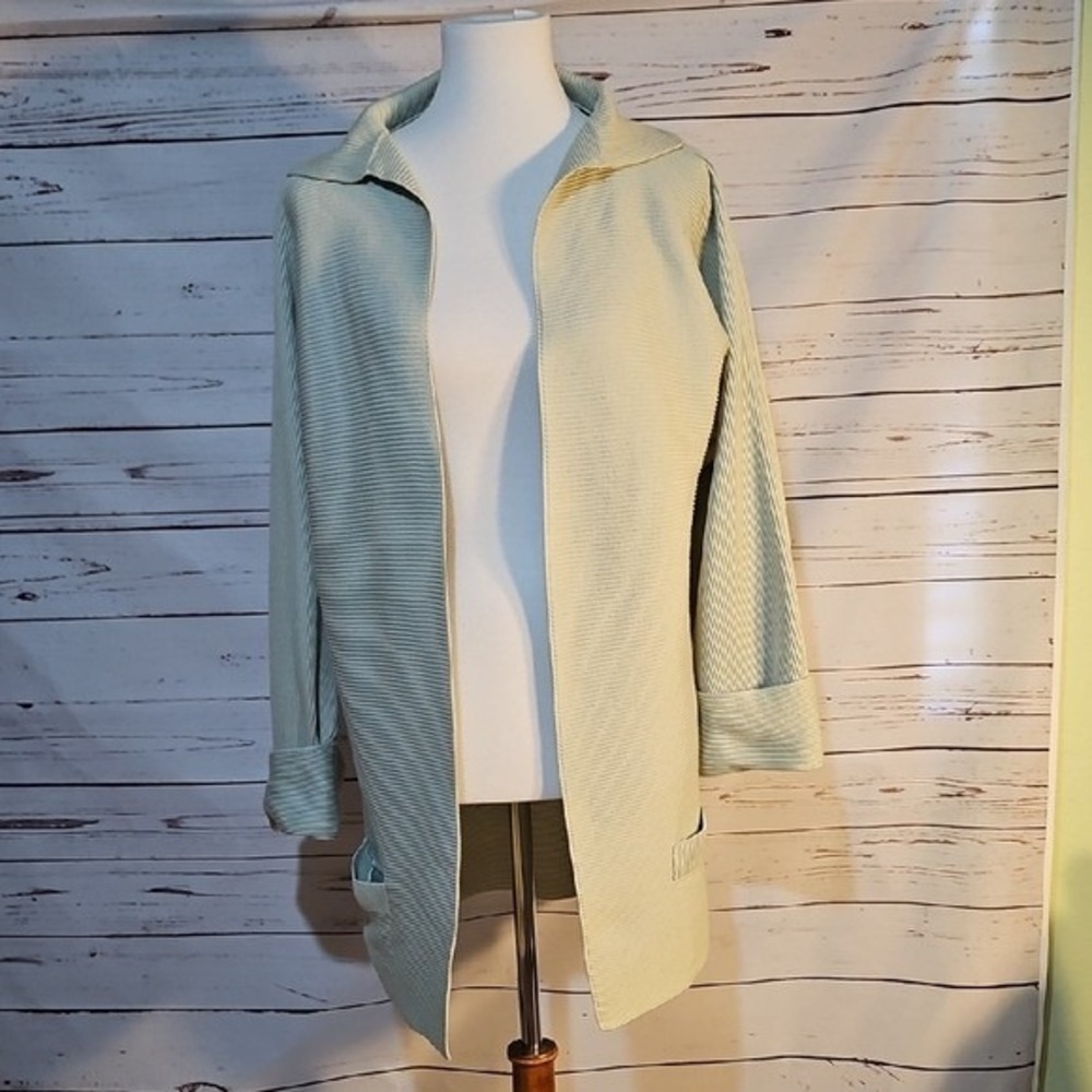Giorgio Armani Ribbed Knit Open Front Cardigan Jacket Collared‎ Light Green ,4